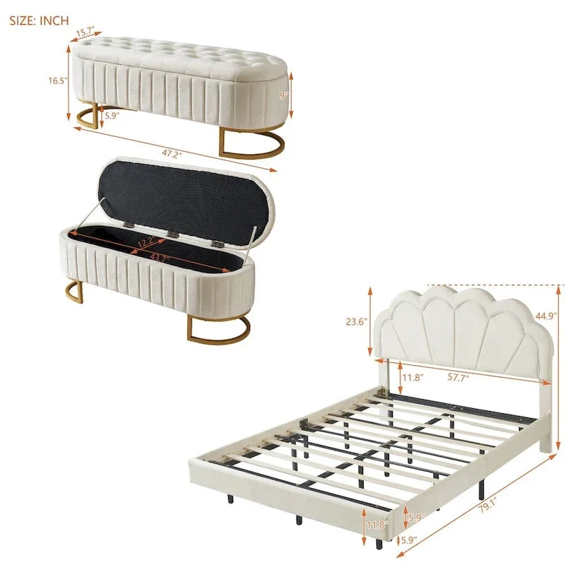 2-Pieces Bedroom Sets Full LED Platform Bed with Storage Ottoman