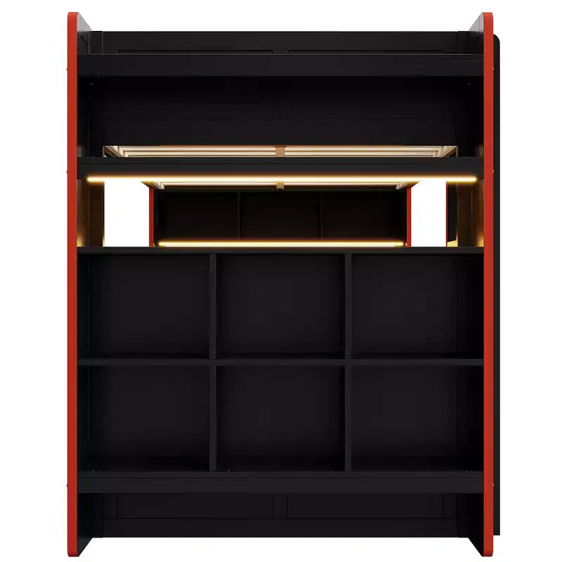 Full Size Wood Gaming Bunk Bed with Built-In Desk, Storage Shelves, 7-Color LED Lights & Charging Station, Black - ModernLuxe