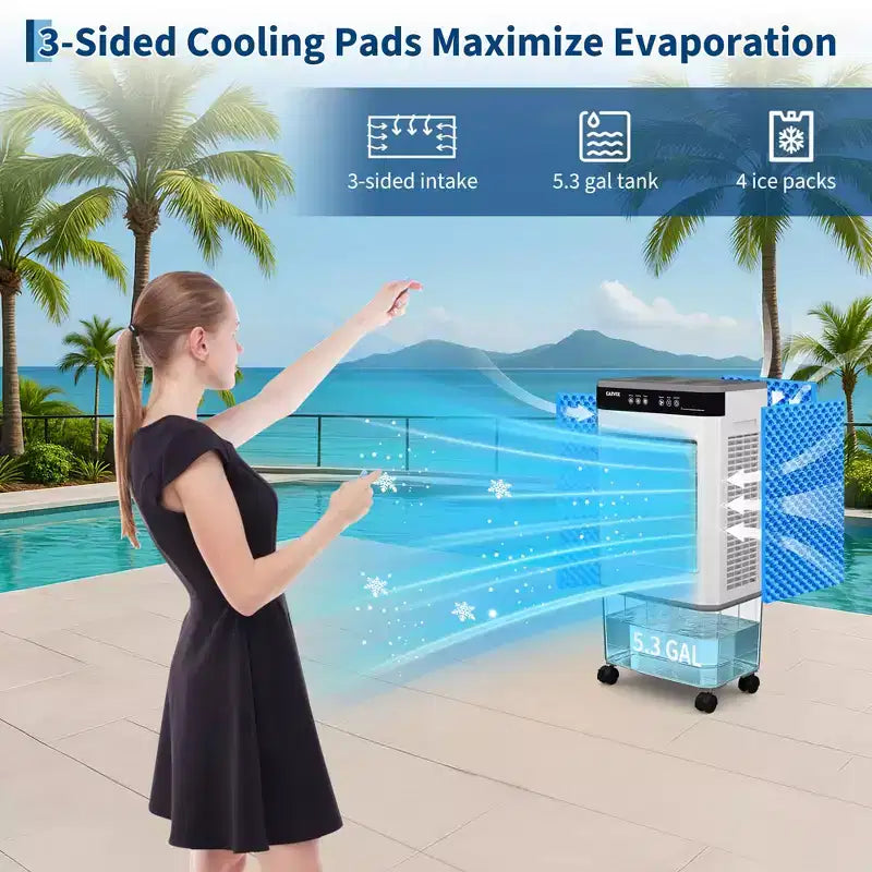 Air Cooler Evaporative Air Cooler with Water Tank, 4 Ice Packs, 3-Speed, 120 Oscillation, Remote Control and 12H Timer, 150W Portable Floor