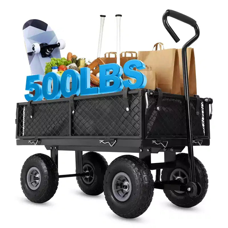 Heavy Duty Steel Garden Cart Wagon, 500 Lbs, Folding Utility Wagon with Removable Mesh Sides & Liner, 10 Pneumatic Tires, Pull Handle