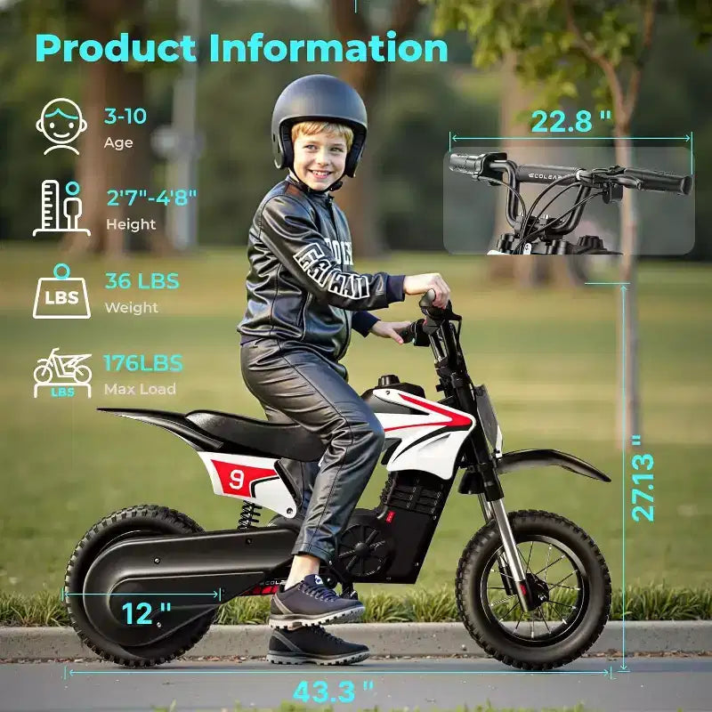ECOLEAP K1 Kids Electric Dirt Bike 36V  16MPH Fast, 14-Mile Range, 700W Peak Motor, 3-Speed Modes, 12 Off-Road Tires, UL,Ages 3-10