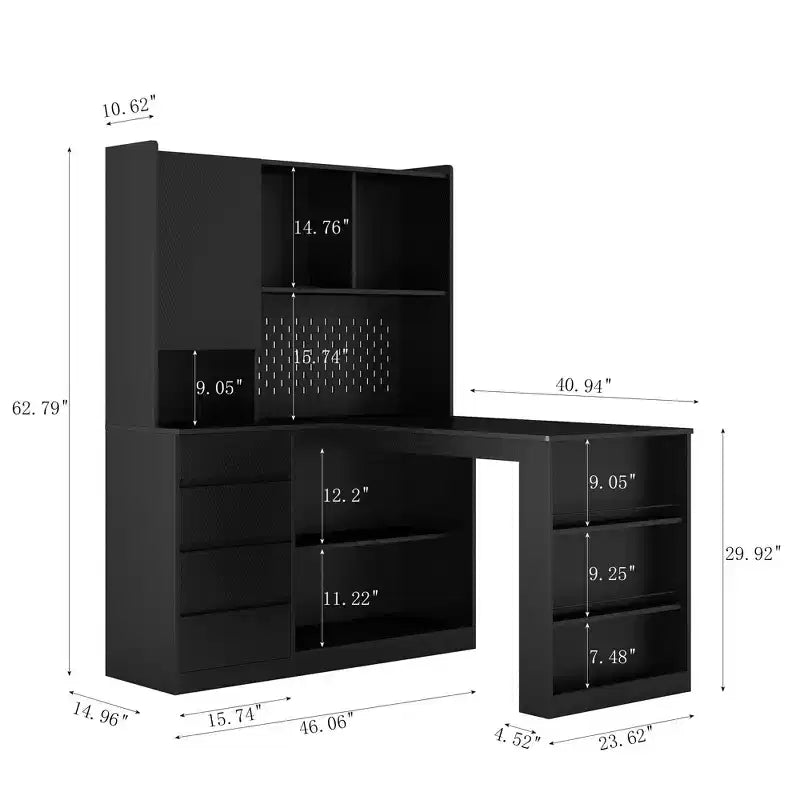 46-Inch L-Shaped Corner Desk with Bookshelf and Drawers