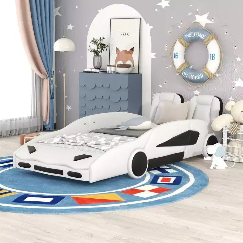 Whisen Wood Twin Size Race Car-Shaped Platform Bed with LED and Upholstered Backrest