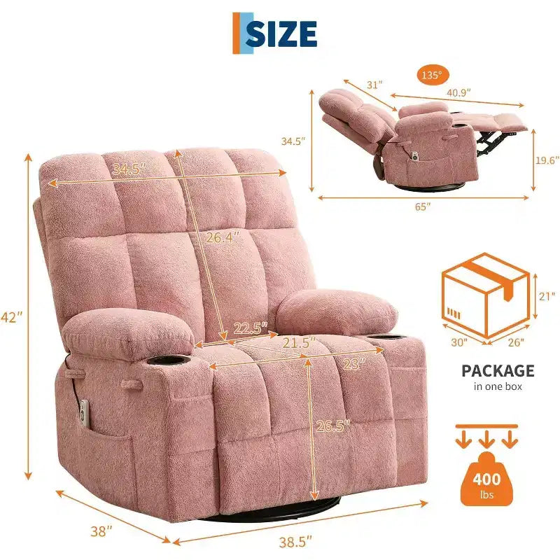 Oversized Recliner Chair for Adults, Manual Swivel Rocker Sofa, Side Pockets & Cup Holders for Big and Tall Persons, Living Room
