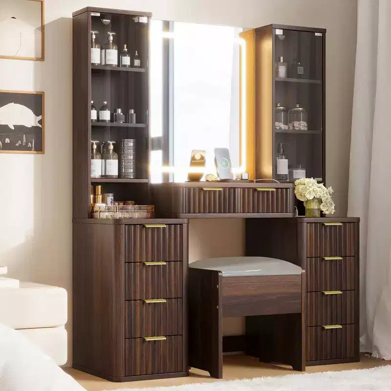 JVNOXK 43.5-inch Modern Vanity Set with Mirror and Light, Featuring Drawers and Clear Glass Cabinet, Includes Stool and Charging Station, Brown