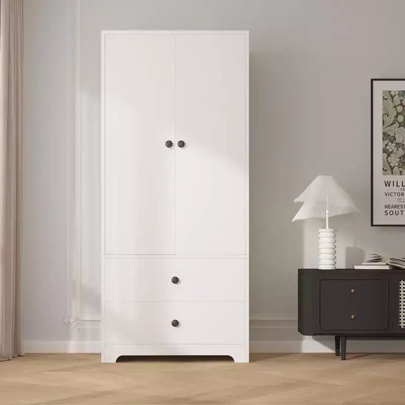 71 Inch Modern Wooden Bedroom Armoire Wardrobe Closet with 2 Doors 2 Drawers Adjustable Shelves Clothing Storage Cabinet and Hanging Rod