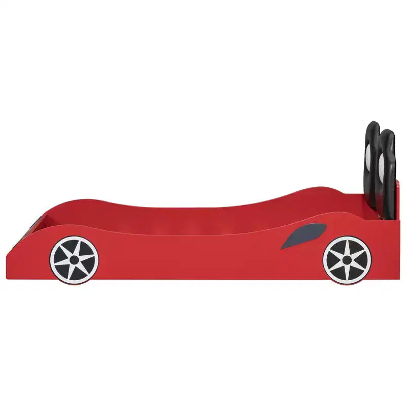 Whisen Wood Twin Size Race Car-Shaped Platform Bed with LED and Upholstered Backrest