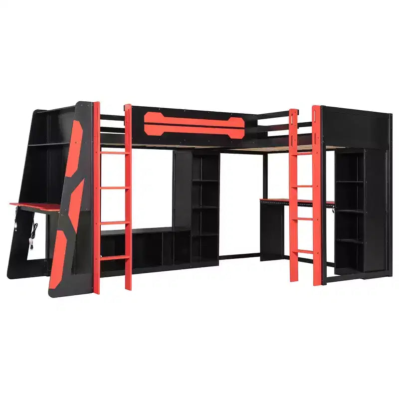L-Shaped Gaming Loft Bed with Desks, Double Twin Loft Beds with LED Lights, USB Ports, Storage Bookshelves, Wood Corner Loft Bed for 2