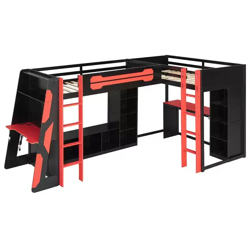 L-Shaped Gaming Loft Bed with Desks, Double Twin Loft Beds with LED Lights, USB Ports, Storage Bookshelves, Wood Corner Loft Bed for 2