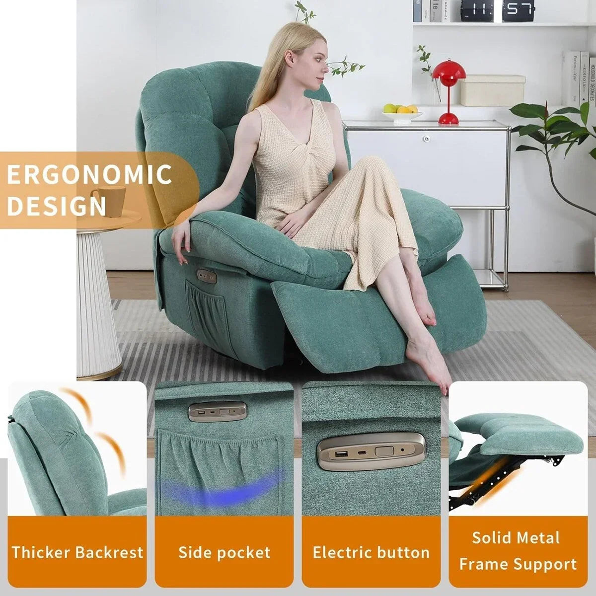 XINMICS Swivel Power Recliner Chair, Massage Rocker Recliners with Heated ,USB, USB-C and Side Pocket