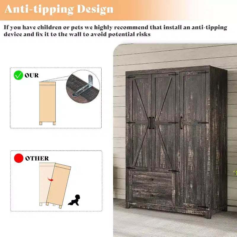 AMERLIFE 47 Farmhouse Wardrobe Armoire with 3 Doors, 2 Drawers, Hanging Rod & Adjustable Shelves, Freestanding Closet Organizer