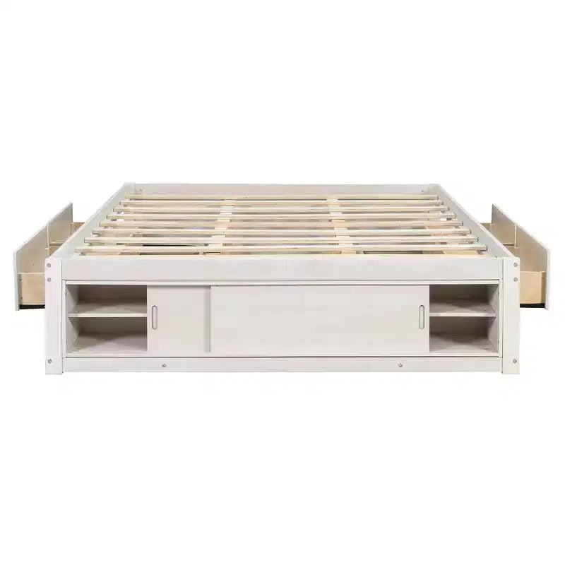 Whisen Queen Platform Bed Frame with 4 Storage Drawers and Footboard Storage