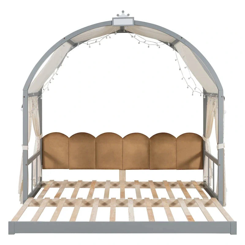 Solid Wood Playhouse Platform Bed Floor Montessori Bed Frame with Arched Roof and Trundle for Girls and Boys
