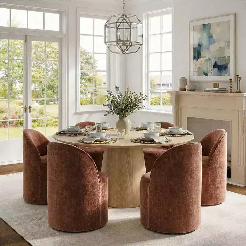 Modern Dining Table Set For 6, Round Pedestal Dining Table, Swivel Rolling Barrel Chairs With Wheels, Textured Chenille- Panipeachy