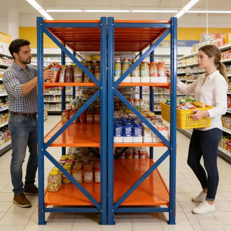 Étagères de garage robustes VIYET, rayonnage métallique réglable à 4 niveaux d'une capacité de 2000 kg, rangement industriel bleu et orange pour magasin/outils/salle de sport.