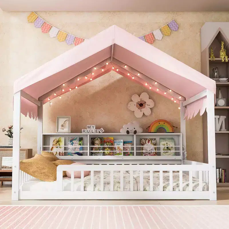 Whisen Full Size Wooden Floor Bed Frame, House-Shaped Daybed with Fense, 3 Storage Bookshelves, Curtain