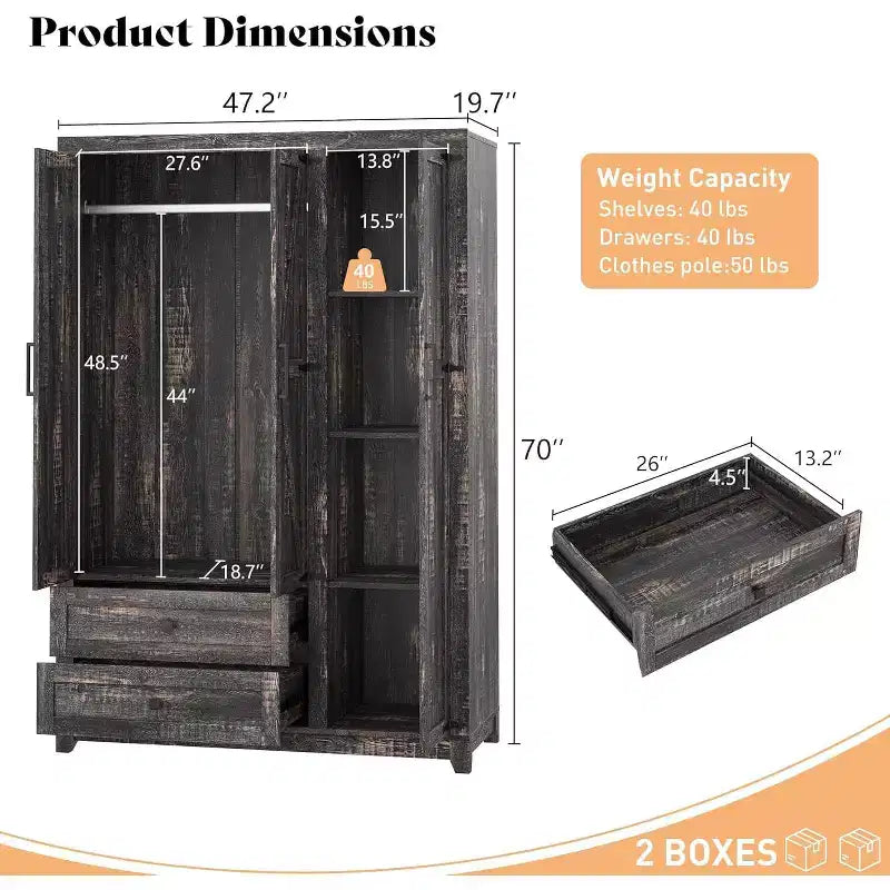 AMERLIFE 47 Farmhouse Wardrobe Armoire with 3 Doors, 2 Drawers, Hanging Rod & Adjustable Shelves, Freestanding Closet Organizer