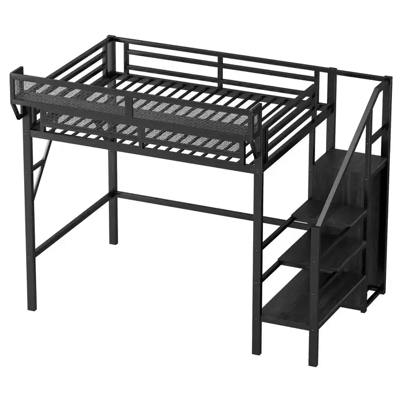 Okak 94IN Twin Size Loft Bed with Wardrobe, Twin Bed with Storage Shelves and Basket, Bed Frames for Bedroom, Dormitory
