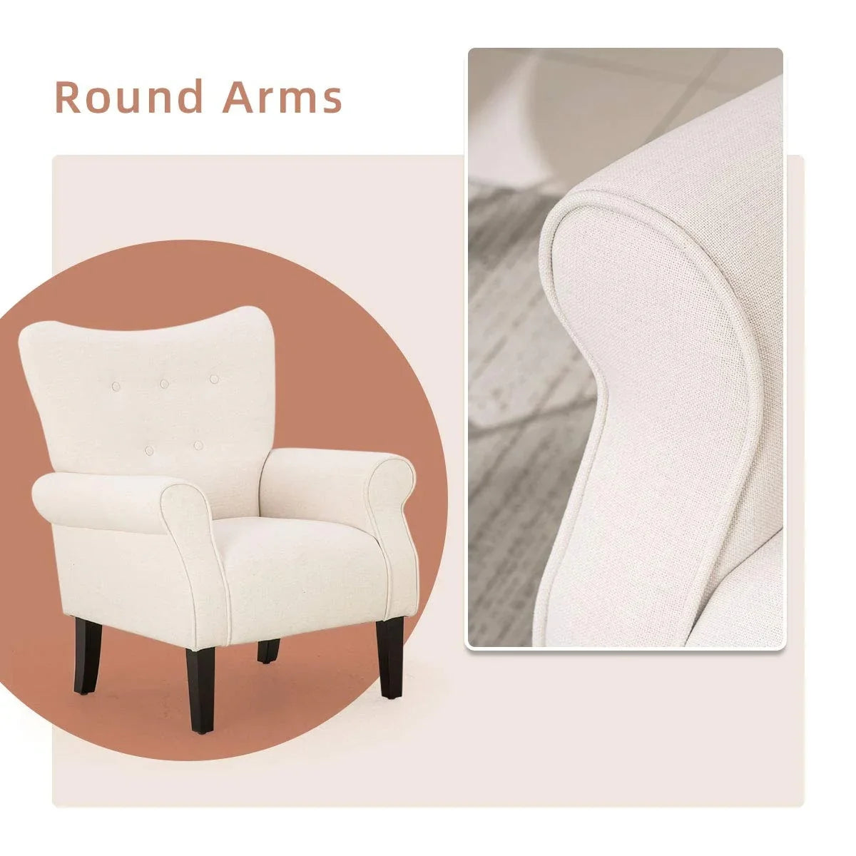 Erommy Modern Accent Chair, High Back Armchair, Upholstered Fabric Button Single Sofa with Wooden Legs for Living Room