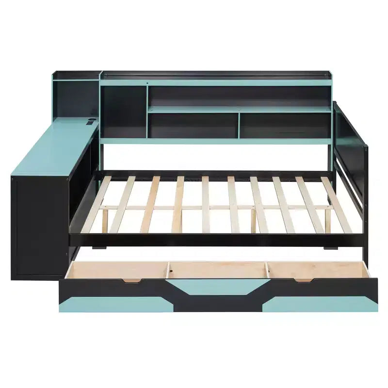 Gamer Hub Daybed with Desk, RGB Lights, Charging Station, Storage Drawers & Bookcase Headboard