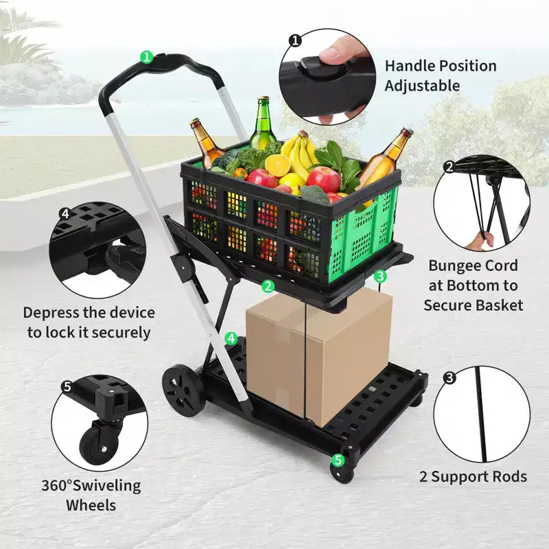 2 Tier Folding Shopping Carts for Groceries, 198 LB Capacity, Collapsible Portable Grocery Cart with Wheels & Removable Crate for Mall Market, Blue