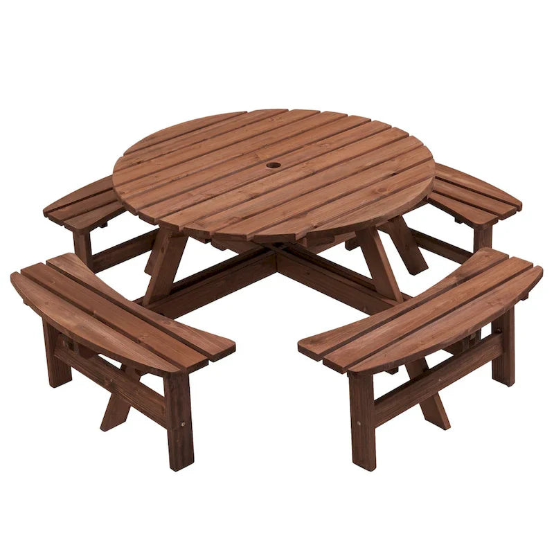 8-Person Outdoor Patio Fir Wood Round Picnic Dining Set with 4 Built-in Benches and Umbrella Hole