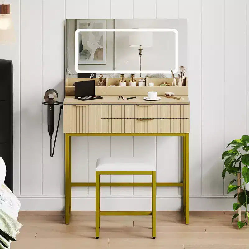 Vanity Desk with Mirror and Lights, LED Lighted Mirror Design, Ample Storage Drawers for Cosmetics and Toiletries Organization