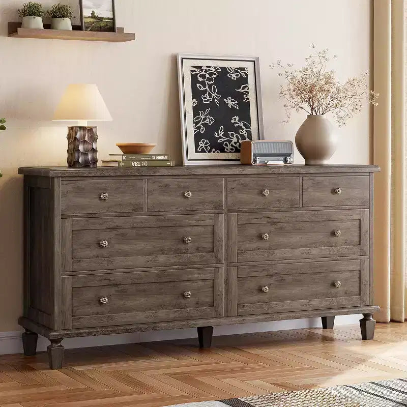 8 Drawer Dresser for Bedroom, Vintage 59 Dresser TV Stand with Carved Handles and Tapered Legs, Wood Chests of Drawers with Large Capacity Storage