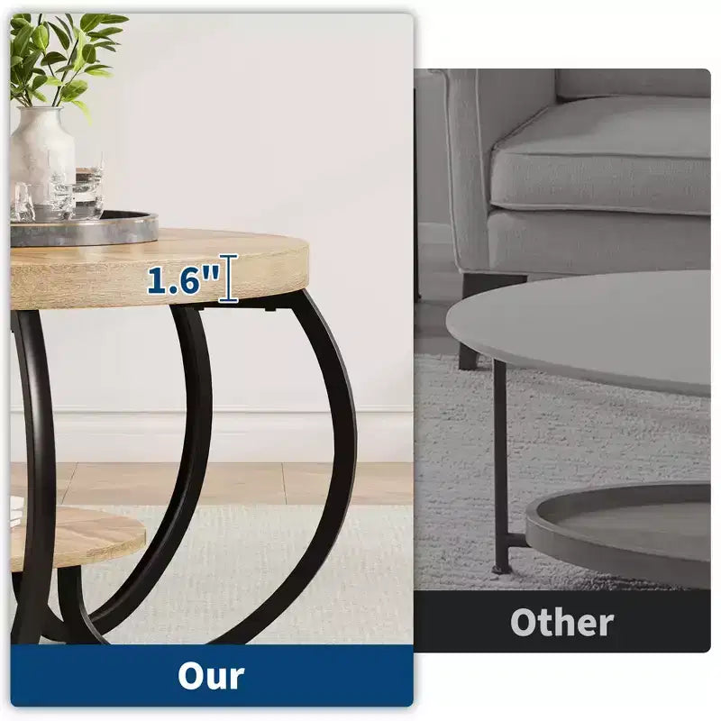 30 Inch Round Industrial Coffee Table 2-Tier with Adjustable Feet Wood Grain Shelf Flame Design Easy Assembly Living Room