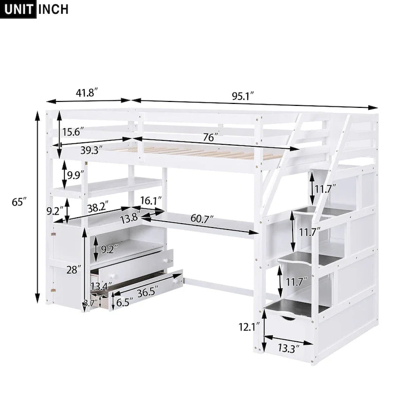 Twin Size Loft Bed with Desk and Shelves, Two Built-in Drawers, Storage Staircase
