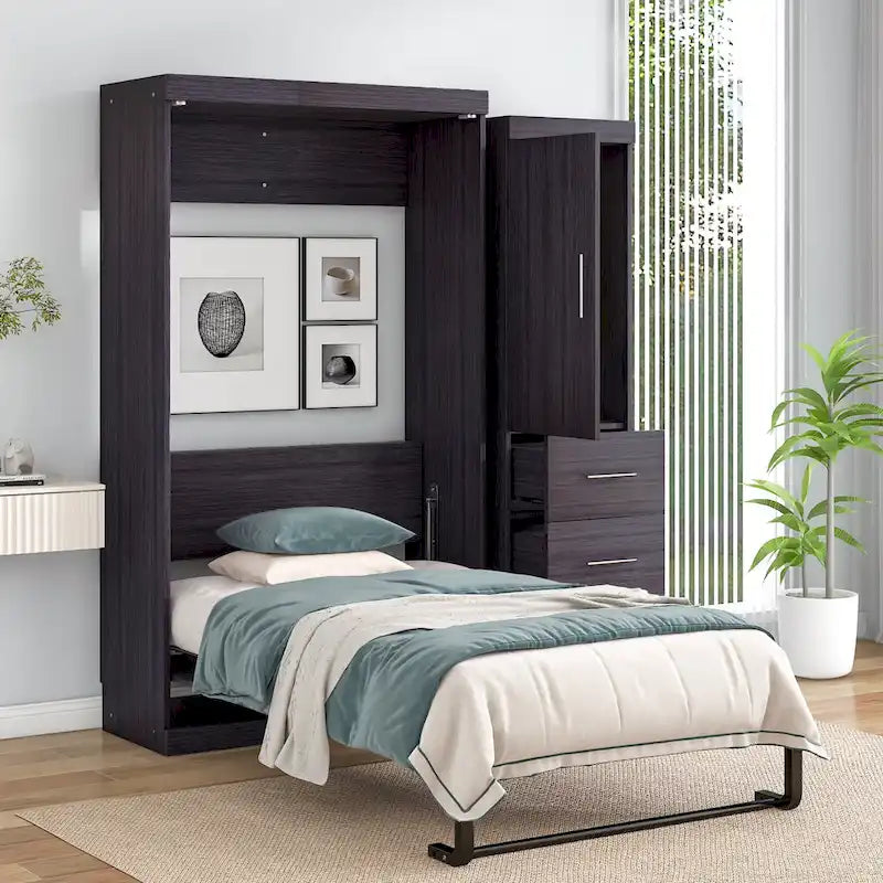 Gray Foldable Murphy Bed with Wardrobe & 3 Drawers, Full/Twin, 1-Person