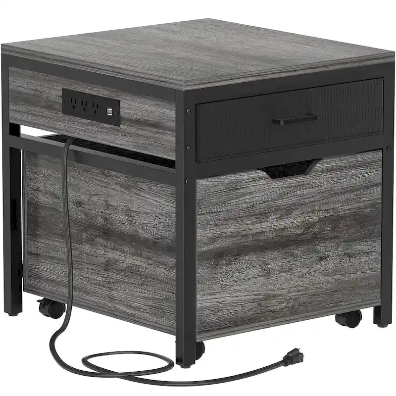 Mini Fridge Stand with Charge Station, Side/ End Table with Storage Drawers and Rolling Cabinet