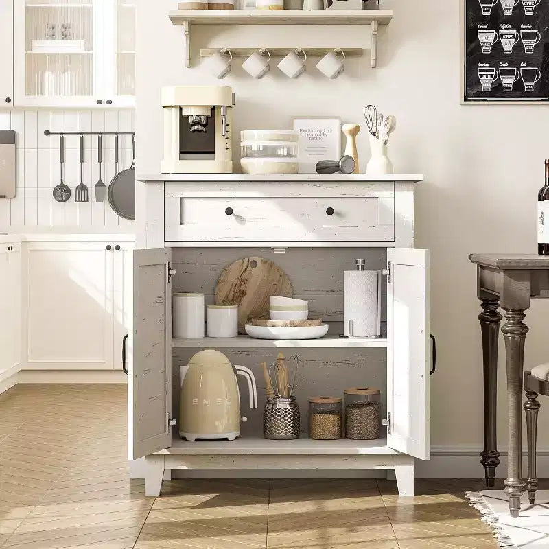 31.5 Rustic Storage Cabinet, with Slatted Doors, 3-Tier Adjustable, Double Door Locker, for Kitchen, Dining Room, and Home Office