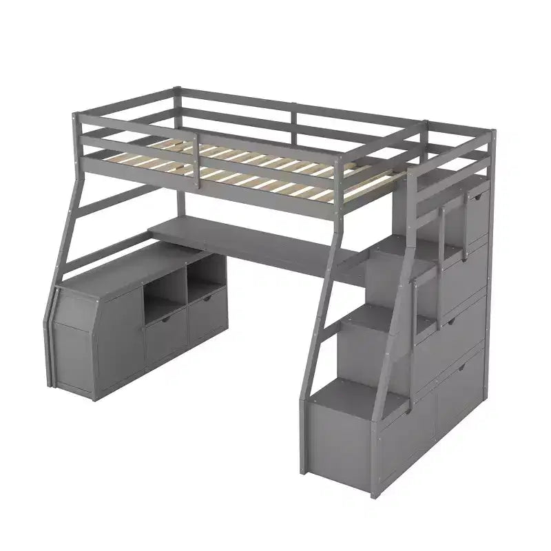 Twin Size Loft Bed with 7 Drawers, 2 Shelves, Cabinet and Desk for Kids and Teens