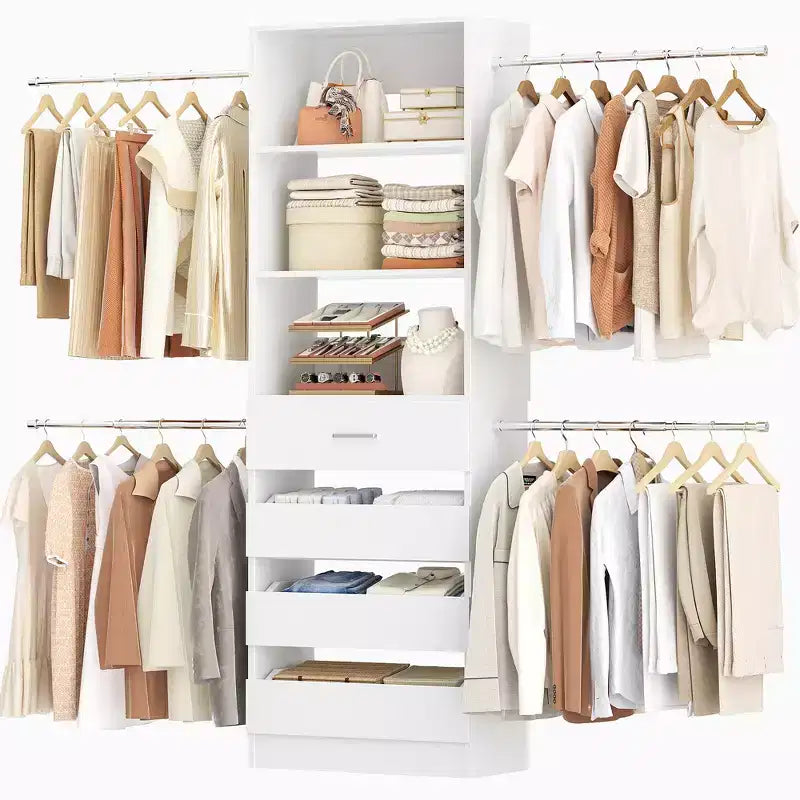 Besiost 4-9 Ft Wooden Closet Organizer System with 4 Drawers, 4 Hanging Rods & Shelving Towers