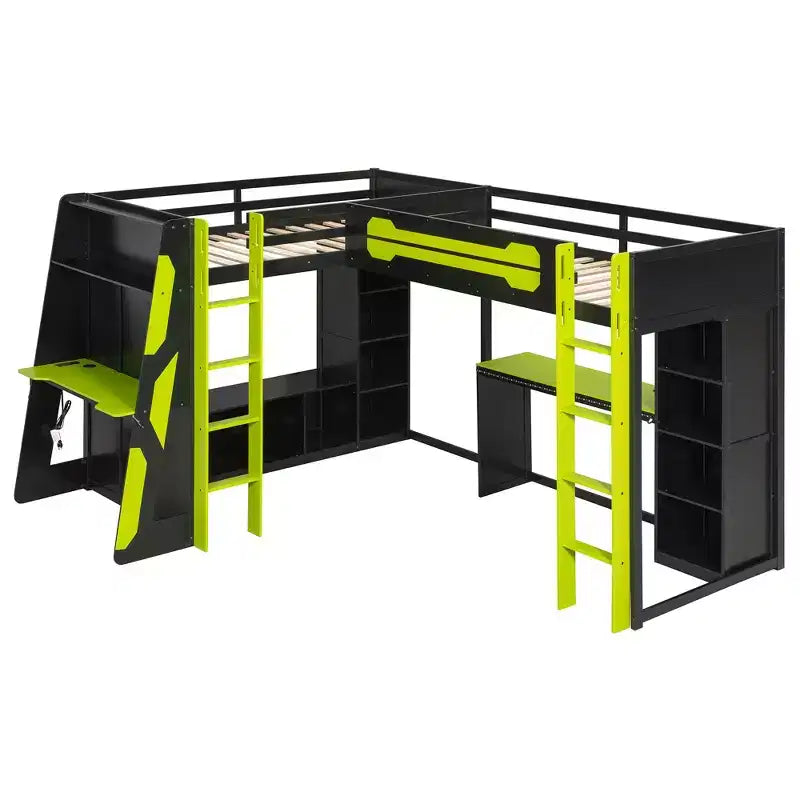 L-Shaped Gaming Loft Bed with Desks, Double Twin Loft Beds with LED Lights, USB Ports, Storage Bookshelves, Wood Corner Loft Bed for 2