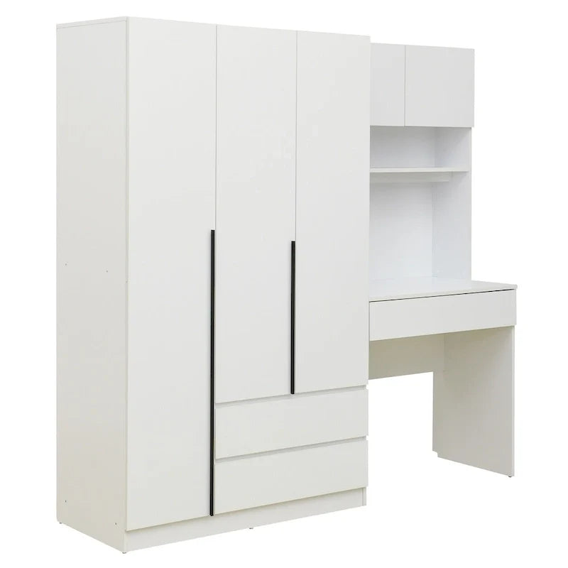 Armoire-penderie 3-en-1 avec coiffeuse, ensemble de bureau, armoire de chambre avec 2 tiroirs, armoire-penderie à 3 portes avec espace de rangement