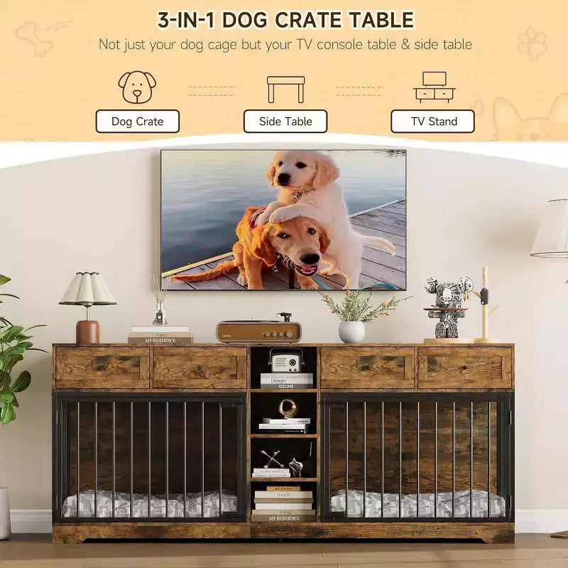 82 Double Dog Crate Furniture, Large Dog Kennel Indoor for 2 Dogs, Heavy Duty Wooden Dog Crate TV Stand with 4 Drawers and Shelves