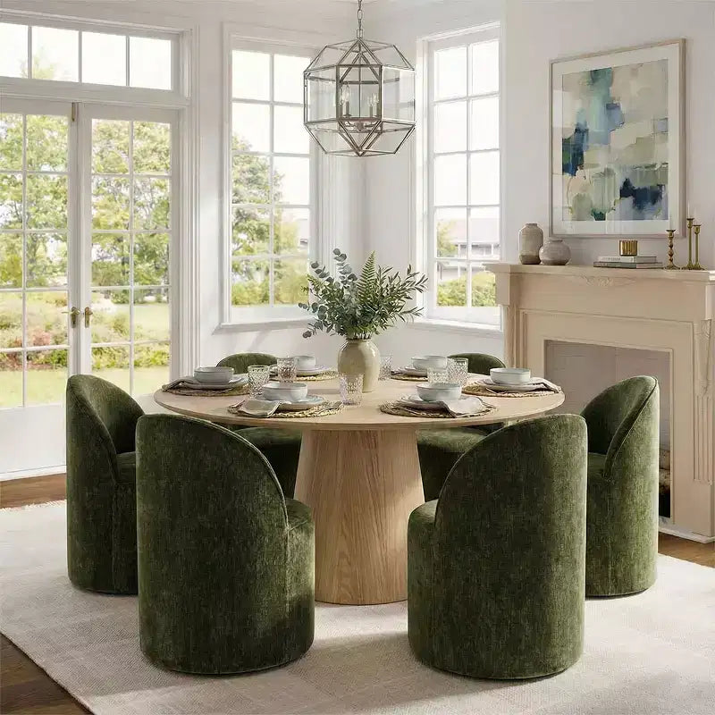 Modern Dining Table Set For 6, Round Pedestal Dining Table, Swivel Rolling Barrel Chairs With Wheels, Textured Chenille- Panipeachy