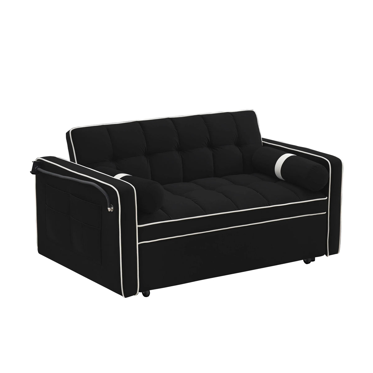 Velvet Convertible 55'' 2-Seater Sleeper Sofa with Pull-Out Bed, Adjustable Recline, Side Pockets, and Phone Holder