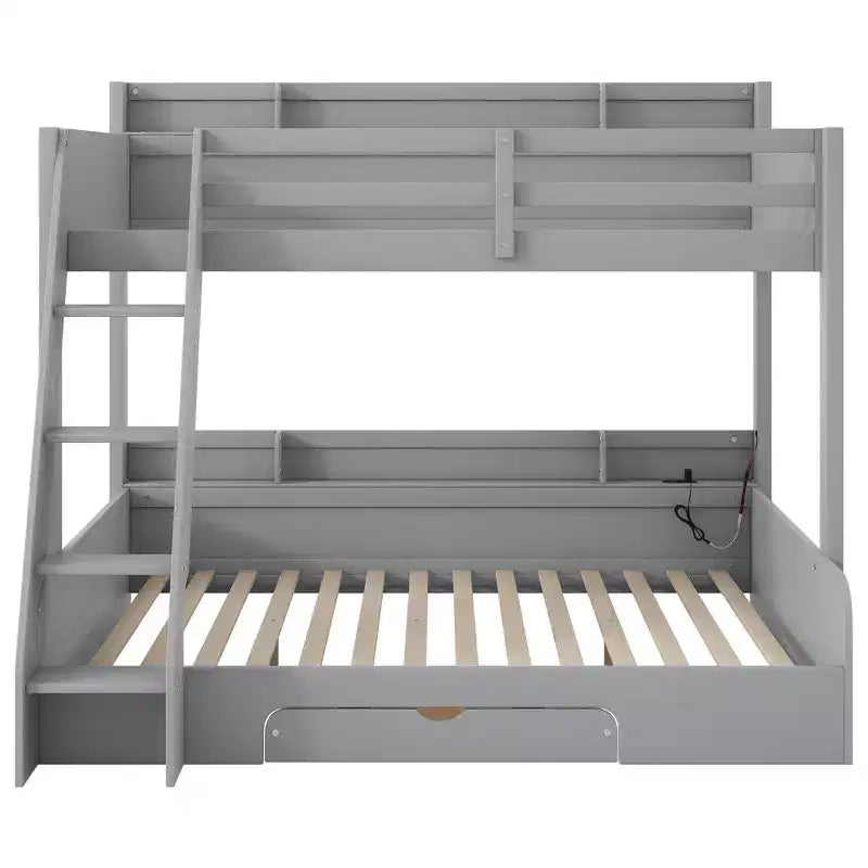 Twin over Full Bunk Bed with Storage, LED Lights & Charging Station, Wood Bunked Bed Beside Shelves for Kids & Teens