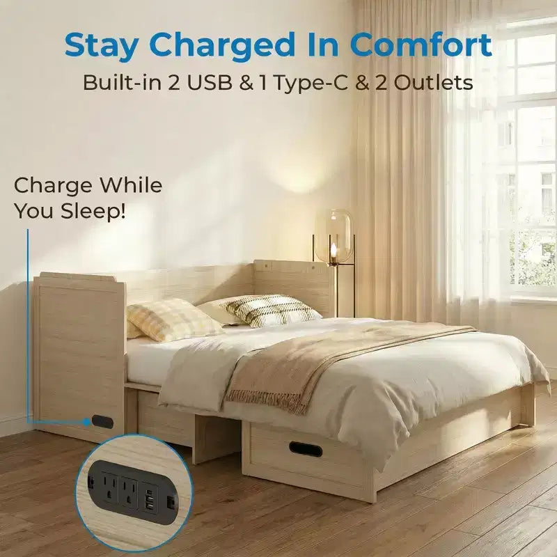 Mjkone Queen Size Convertible Murphy Cabinet Bed with Mattress, USB Charging, Storage Drawers