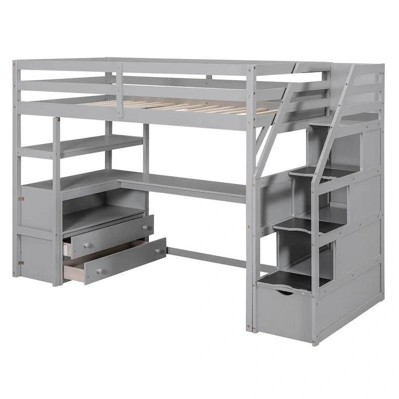 Twin Size Loft Bed with Desk and Shelves, Two Built-in Drawers, Storage Staircase