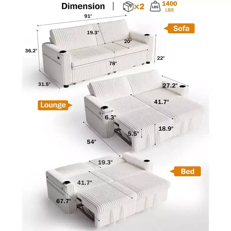 Dyonery 91 Sectional Sleeper Sofa Bed with Pull Out Bed,Reclining Backrest/Two Pull Out Beds/USB Ports/Cup Holders, Plush Corduroy