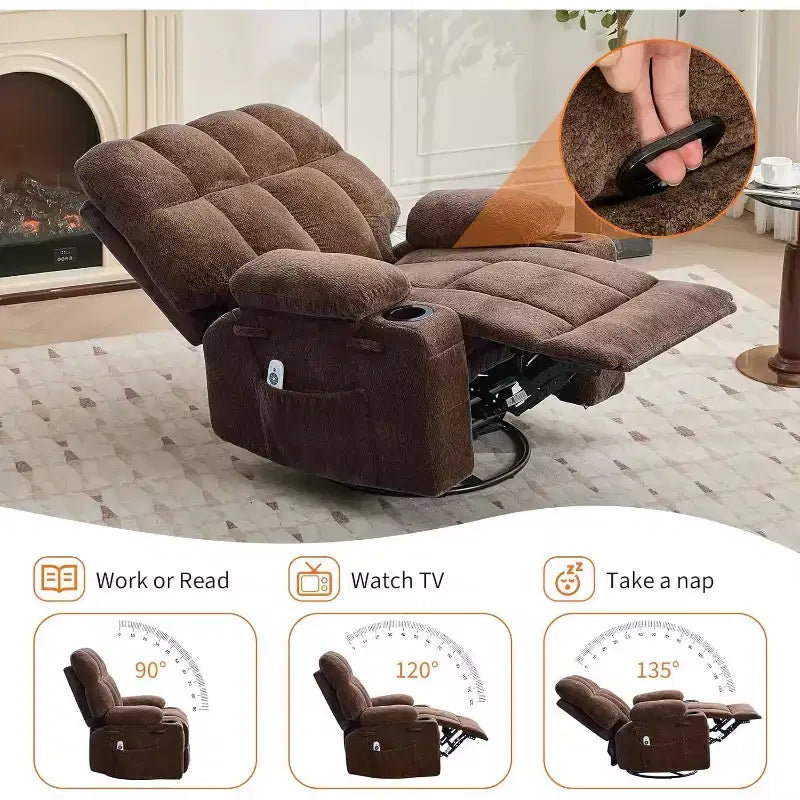Oversized Recliner Chair for Adults, Manual Swivel Rocker Sofa, Side Pockets & Cup Holders for Big and Tall Persons, Living Room