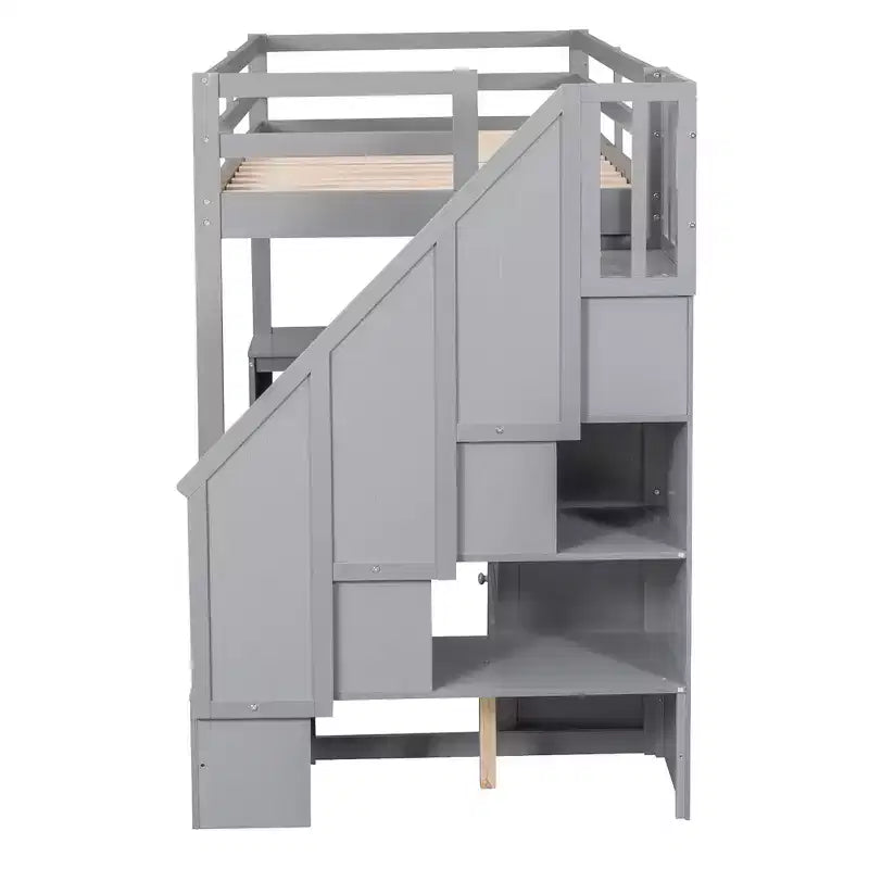 Twin Size Loft Bed with L-Shaped Desk, 3 Drawers, Cabinet, Staircase Storage, Solid Pine/MDF Build