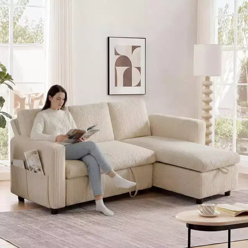Dyonery 2 in 1 Pull Out Sleeper Sofa with Storage Chaise C Corduroy Sectional Couch with USB Ports for Living Room