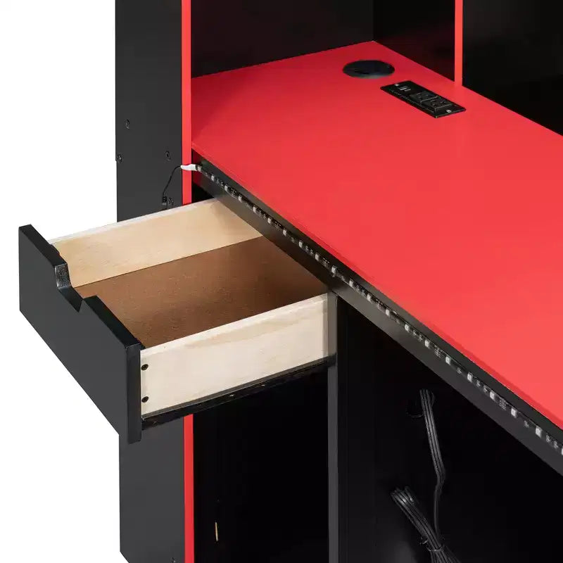 Full/Queen Gaming Daybed with Bookcase Headboard, LED Lights, Integrated Desk, Drawers and Charging Station
