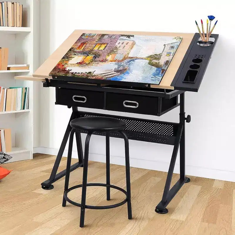 Height Adjustable Drafting Table, 0-75 Tilting Drawing Table Art Desk for Adults, Artist Desk with 2 Storage Drawers, with Stool