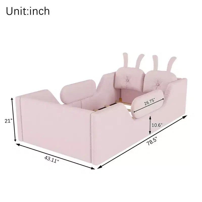 Whisen Twin Platform Bed, Kids Floor Upholstered Bed Frame with Rabbit Cushion, Removable Side Rails